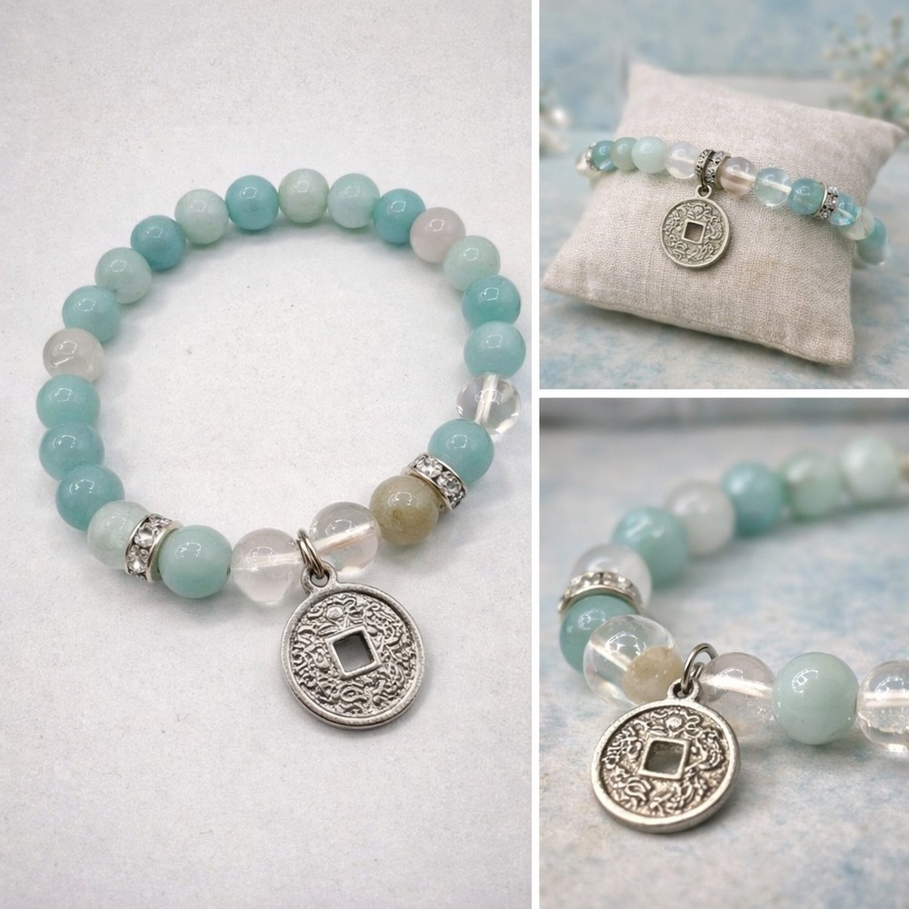 Amazonite Quartz Bracelet Chinese Coin Charm Witchy Boho Apothecary‎